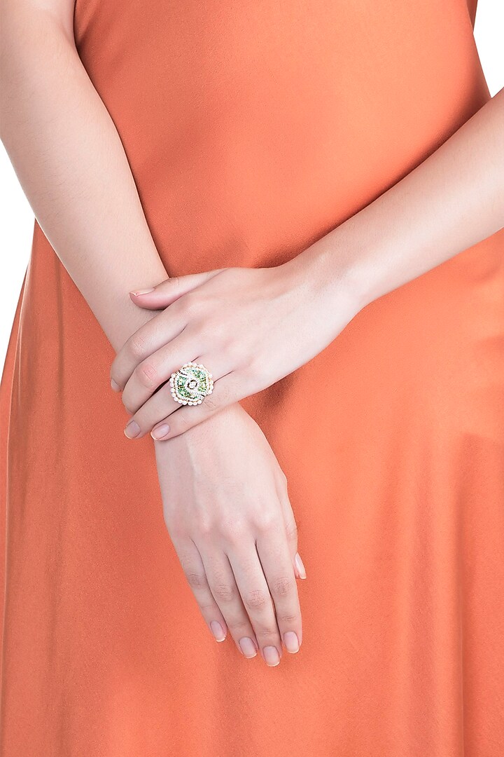 White & Gold Finish Cubic Zirconia, Ruby & Pearl Ring by Tsara at Pernia's Pop Up Shop