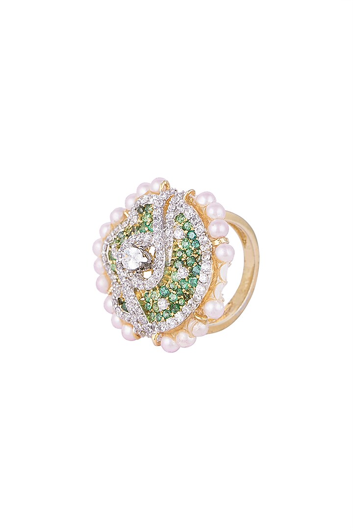 White & Gold Finish Cubic Zirconia, Ruby & Pearl Ring by Tsara at Pernia's Pop Up Shop