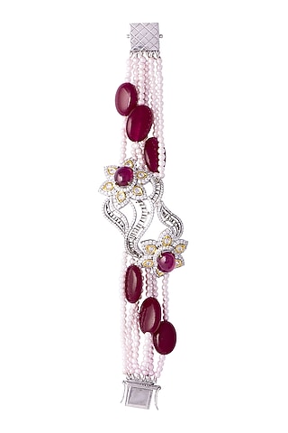 White & Gold Finish Cubic Zirconia, Ruby & Pearl Bracelet by Tsara