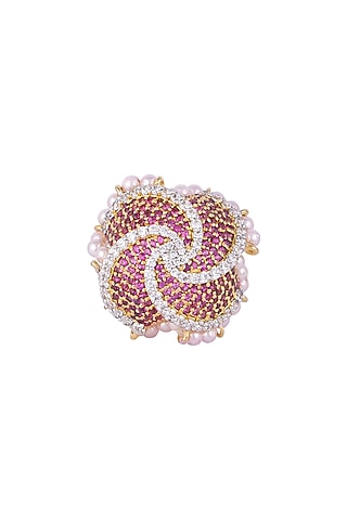 White & Gold Finish Cubic Zirconia, Ruby & Pearl Ring by Tsara