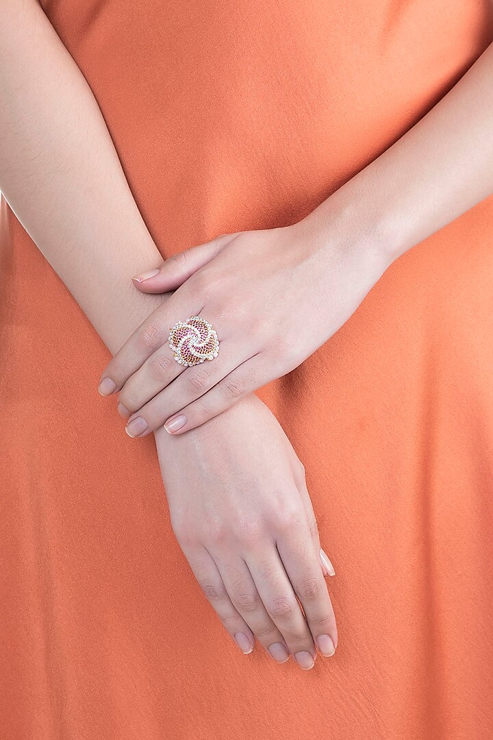 White & Gold Finish Cubic Zirconia, Ruby & Pearl Ring by Tsara at Pernia's Pop Up Shop