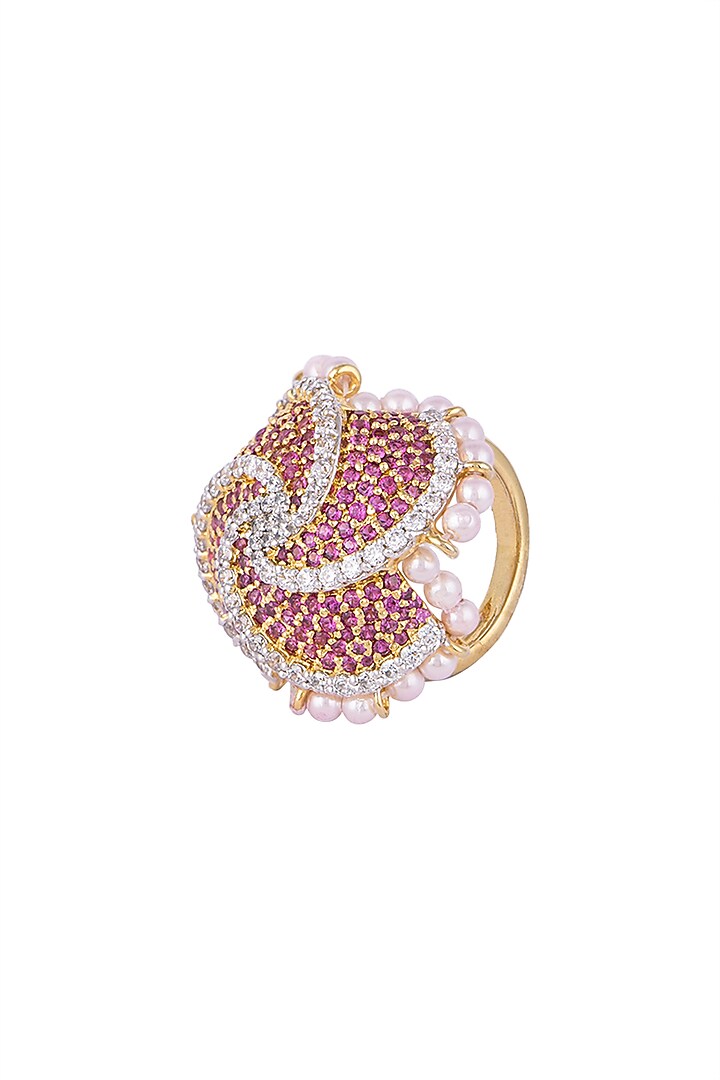 White & Gold Finish Cubic Zirconia, Ruby & Pearl Ring by Tsara at Pernia's Pop Up Shop