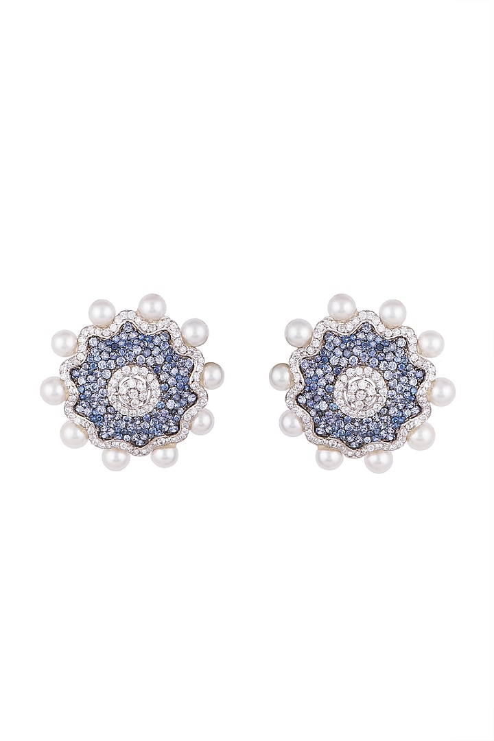 White & Gold Finish Cubic Zirconia, Blue CZ & Pearl Stud Earrings by Tsara