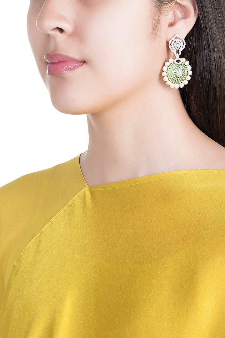 White & Gold Finish Cubic Zirconia, Green CZ & Pearl Long Earrings by Tsara at Pernia's Pop Up Shop