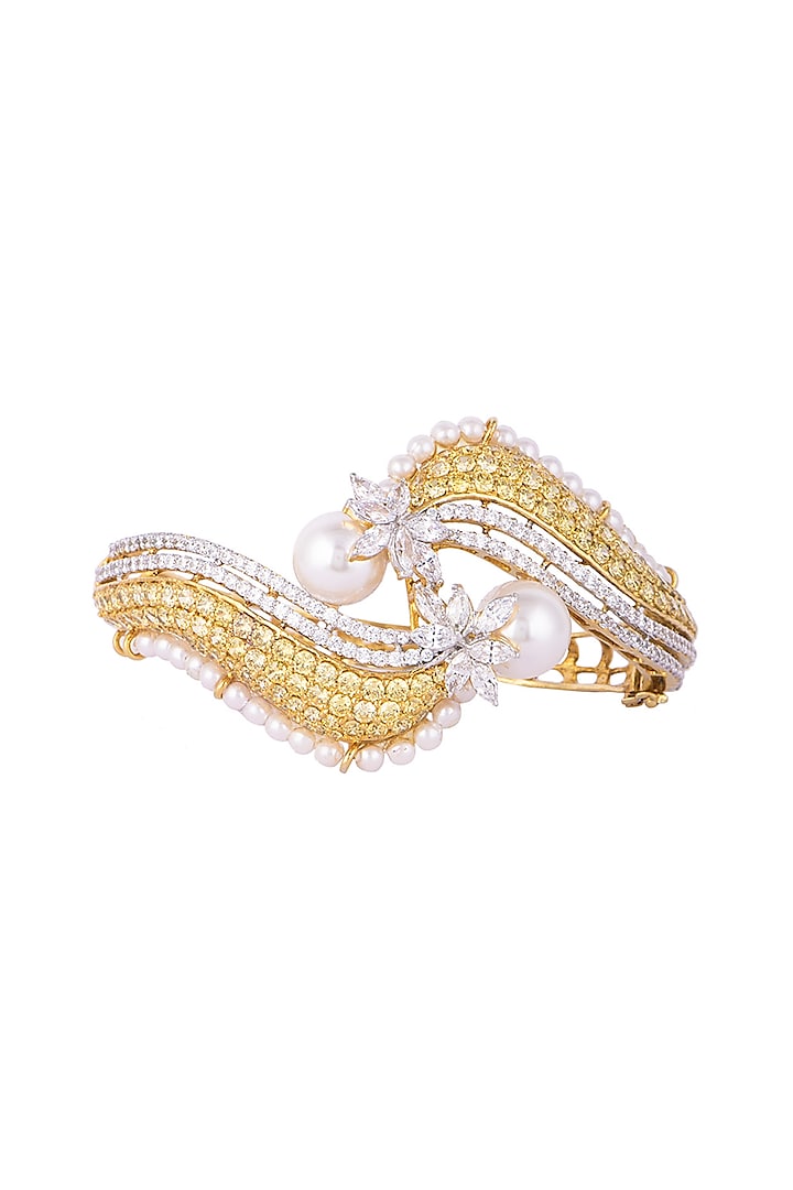 White & Gold Finish Cubic Zirconia, Yellow CZ & Pearl Bracelet by Tsara
