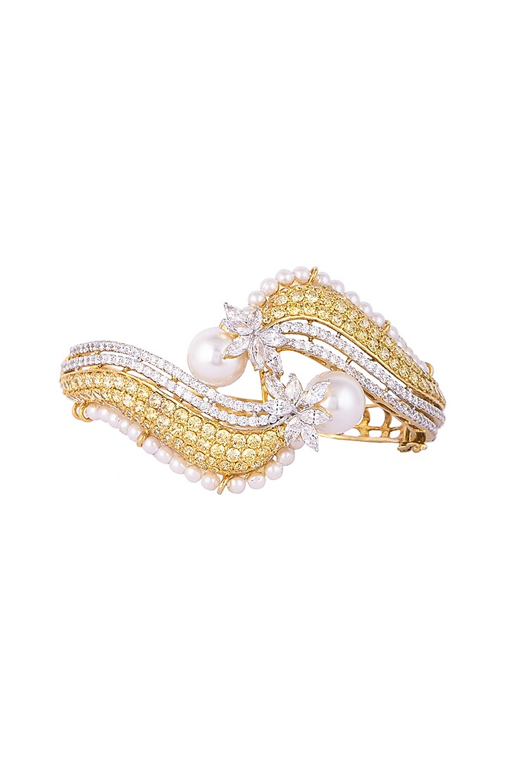 White & Gold Finish Cubic Zirconia, Yellow CZ & Pearl Bracelet by Tsara at Pernia's Pop Up Shop