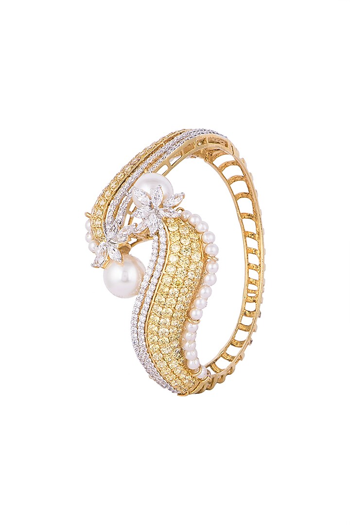 White & Gold Finish Cubic Zirconia, Yellow CZ & Pearl Bracelet by Tsara at Pernia's Pop Up Shop