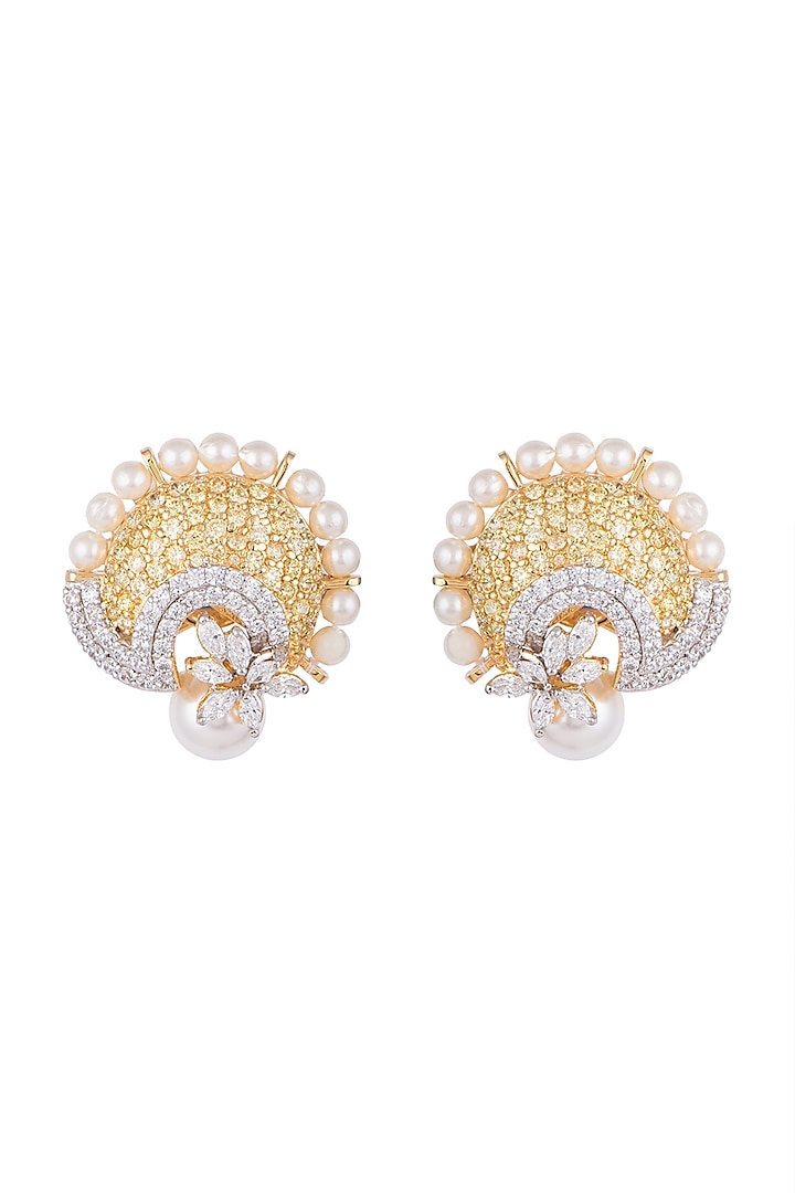 White & Gold Finish Cubic Zirconia, Yellow CZ & Pearl Earrings by Tsara