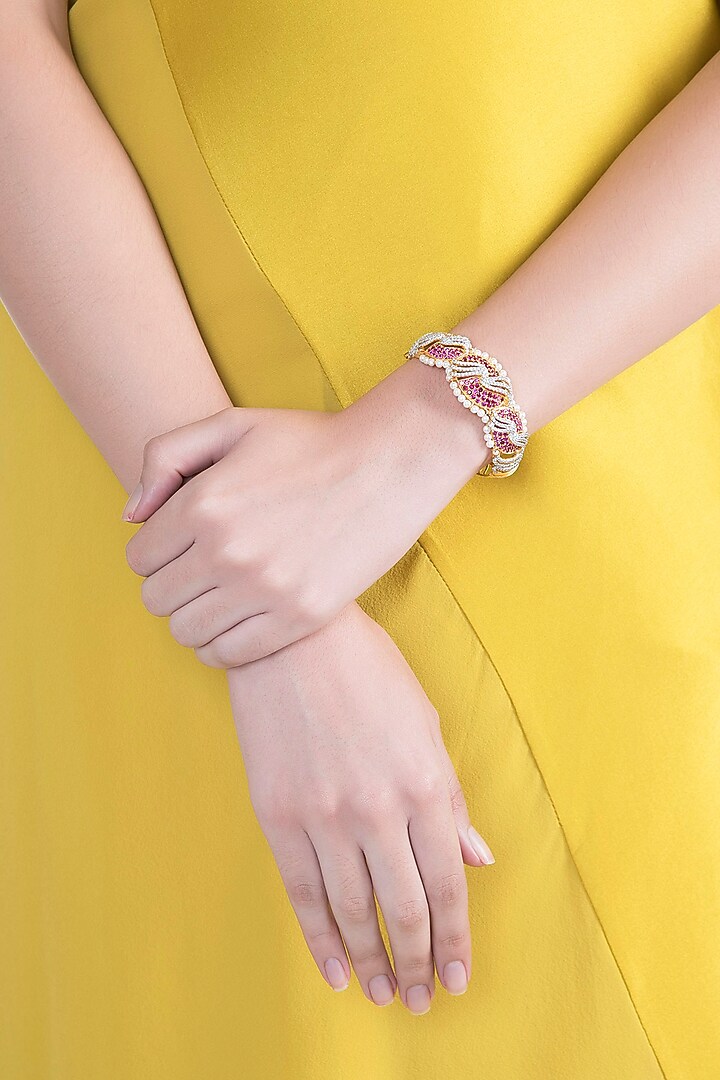 White & Gold Finish Ruby & Cubic Zirconia Bracelet by Tsara at Pernia's Pop Up Shop