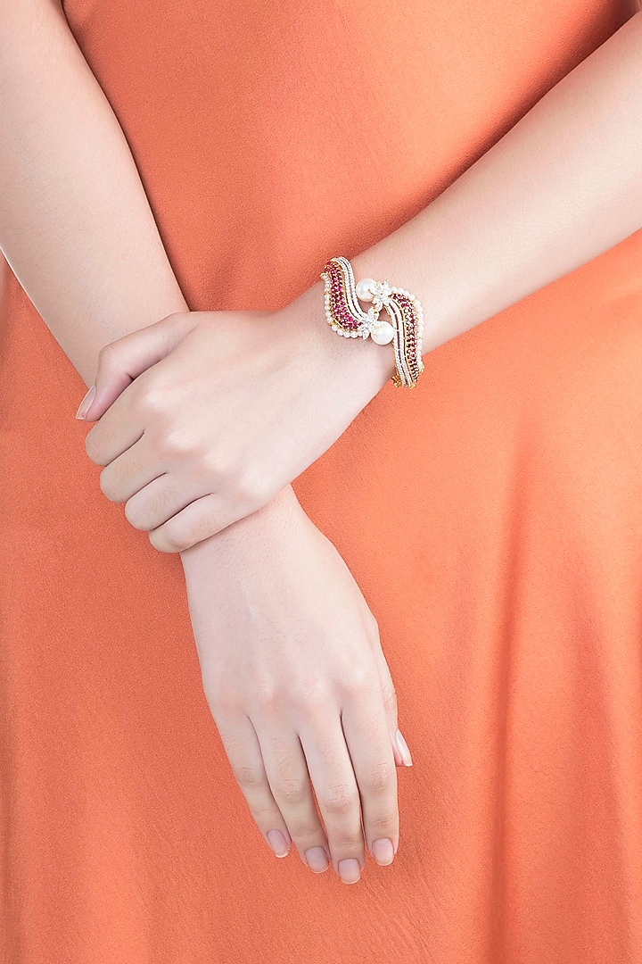 White & Gold Finish Ruby & Pearl Bracelet by Tsara at Pernia's Pop Up Shop