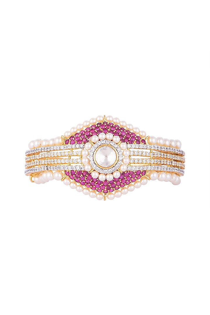 White & Gold Finish Cubic Zirconia & Pearl Bracelet by Tsara