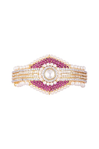 White & Gold Finish Cubic Zirconia & Pearl Bracelet by Tsara