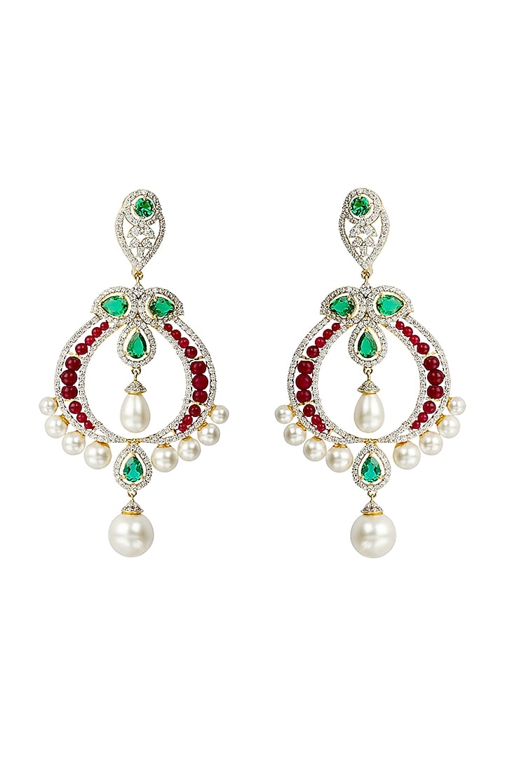 White Finish Ruby & Emerald Dangler Earrings In Sterling Silver by Tsara