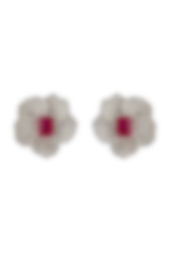 White Finish Cubic Zirconia & Ruby Stud Earrings In Sterling Silver by Tsara