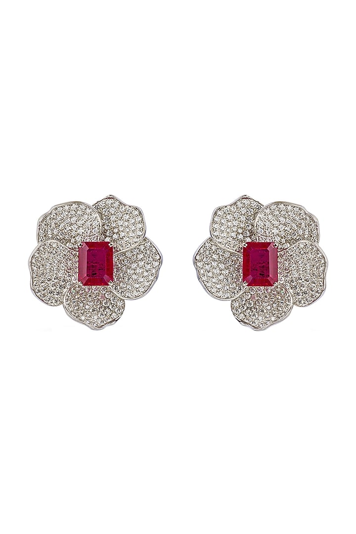 White Finish Cubic Zirconia & Ruby Stud Earrings In Sterling Silver by Tsara
