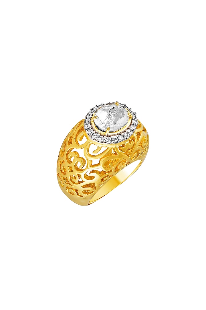 Gold Finish Cubic Zirconia Ring In Sterling Silver by Tsara