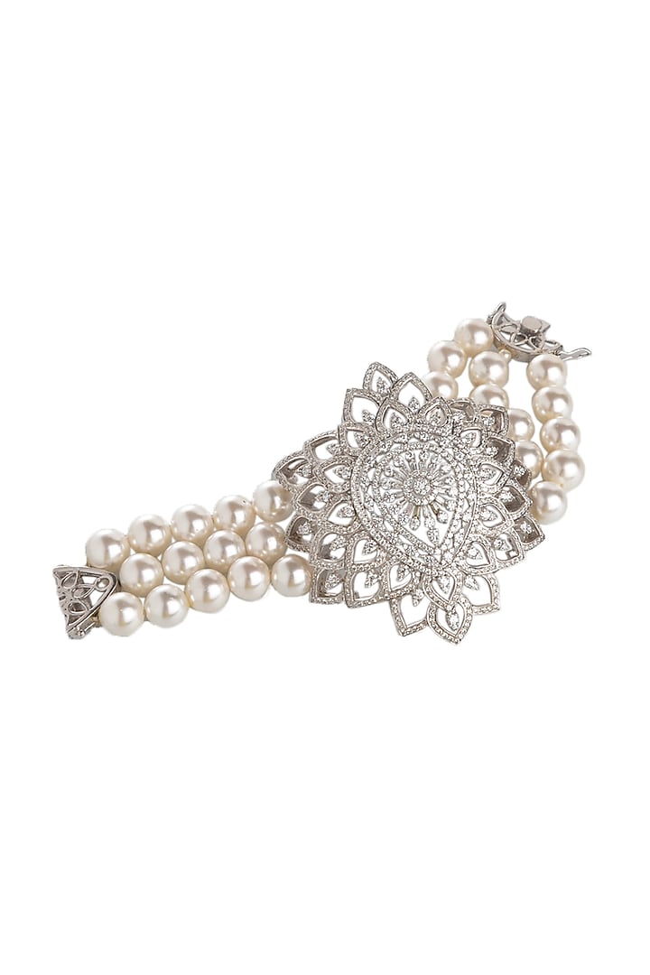 White Finish Shell Pearl Floral Bracelet by Tsara at Pernia's Pop Up Shop