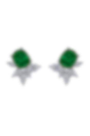 White Finish Green Cubic Zirconia Stud Earrings In Sterling Silver by Tsara