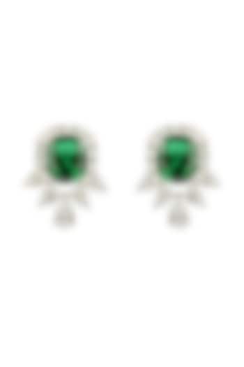 White Finish Green & White Cubic Zirconia Stud Earrings In Sterling Silver by Tsara