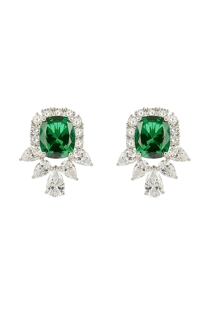 White Finish Green & White Cubic Zirconia Stud Earrings In Sterling Silver by Tsara