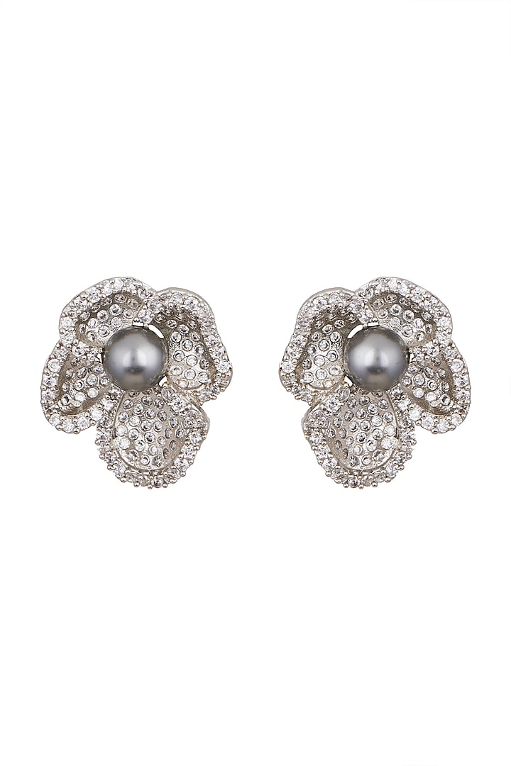 White Finish Cubic Zirconia & Pearl Earrings by Tsara