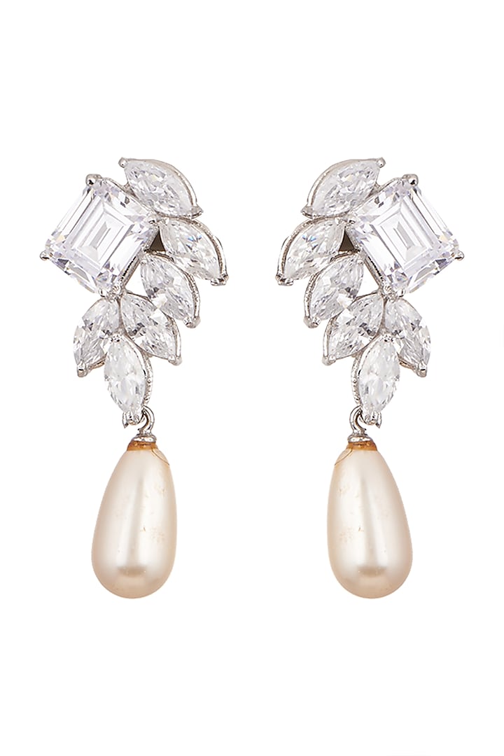 White Finish Cubic Zirconia & Shell Pearl Earrings by Tsara