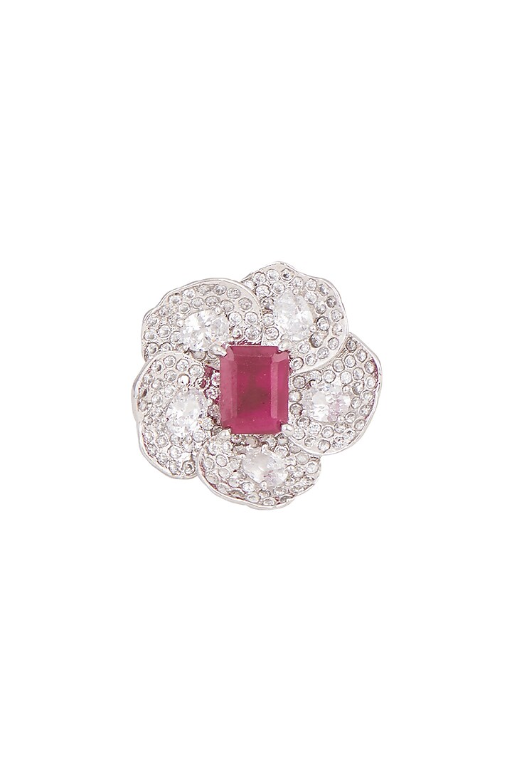 White Finish Ruby Floral Ring by Tsara
