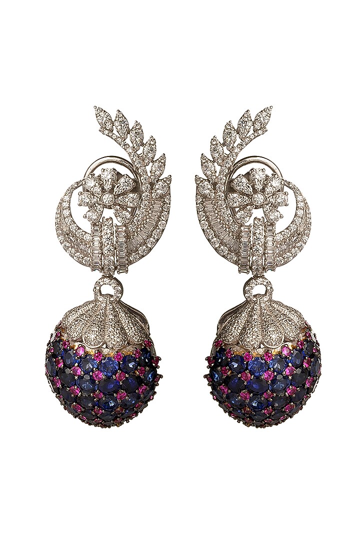 White Finish Cubic Zirconia & Sapphire Dangler Earrings by Tsara at Pernia's Pop Up Shop