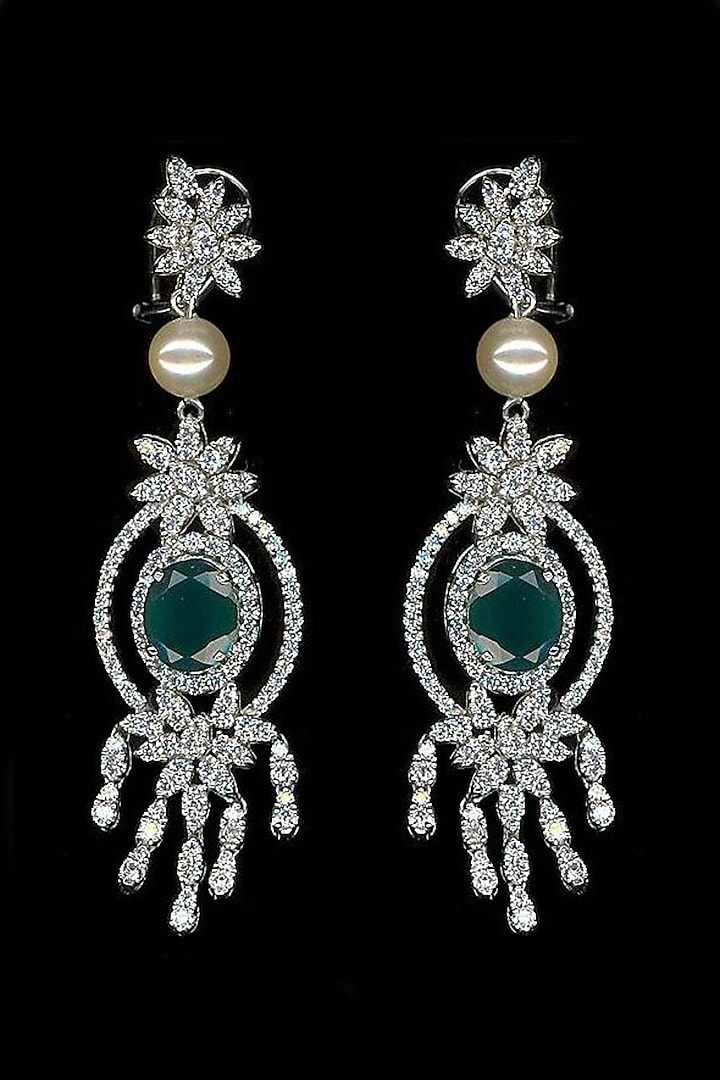 White Finish Cubic Zirconia & Hydro Emerald Dangler Earrings by Tsara