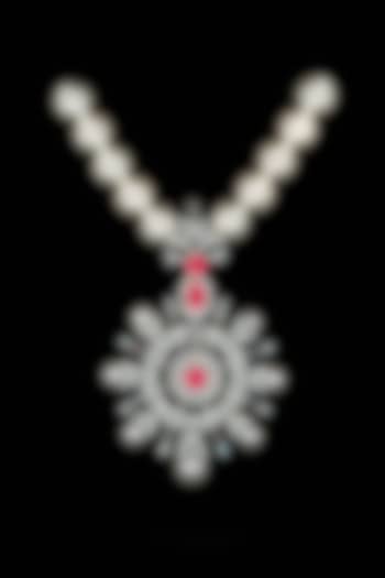 White Rhodium Finish Cubic Zirconia & Shell Pearl Necklace by Tsara
