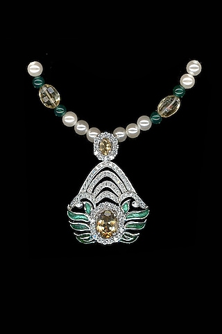 White Finish Cubic Zirconia & Shell Pearl Necklace by Tsara