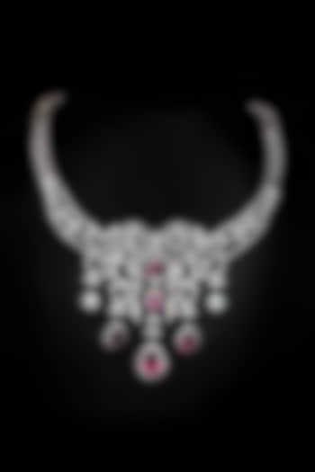 White Rhodium Finish Cubic Zirconia & Hydro Pink Sapphire Necklace by Tsara