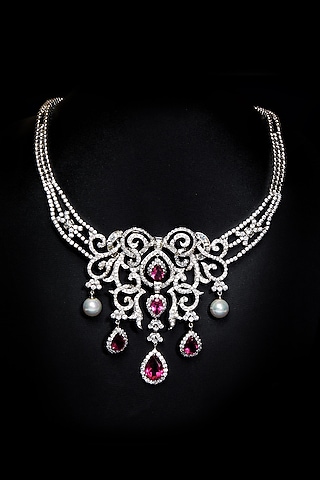 White Rhodium Finish Cubic Zirconia & Hydro Pink Sapphire Necklace by Tsara