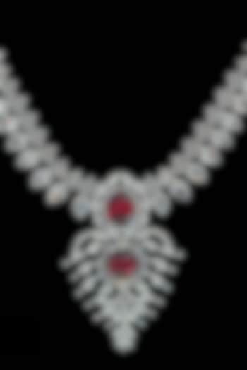 White Rhodium Finish Cubic Zirconia & Hydro Ruby Necklace by Tsara
