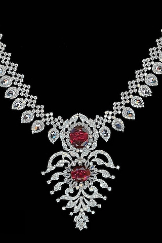 White Rhodium Finish Cubic Zirconia & Hydro Ruby Necklace by Tsara