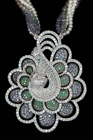 White Rhodium Finish Cubic Zirconia & Shell Pearl Necklace by Tsara