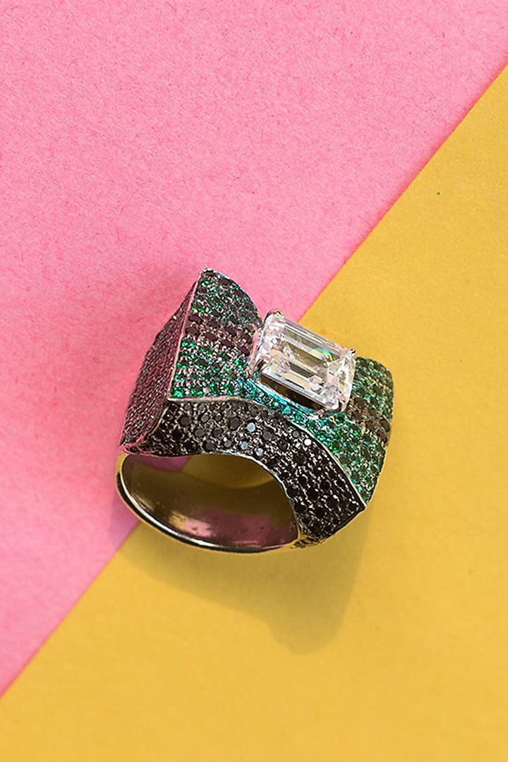 White Finish Cubic Zirconia & Swarovski Ring In Sterling Silver by Tsara at Pernia's Pop Up Shop