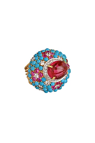 Gold Finish Turquoise Stone & Hydro Ruby Ring by Tsara