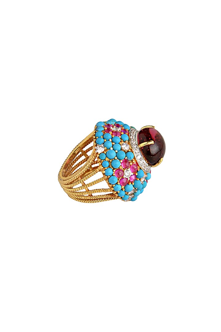 Gold Finish Turquoise Stone & Hydro Ruby Ring by Tsara at Pernia's Pop Up Shop