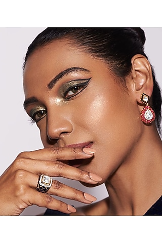 Gold Finish Cubic Zirconia Enamelled Dangler Earrings In Sterling Silver by Tsara
