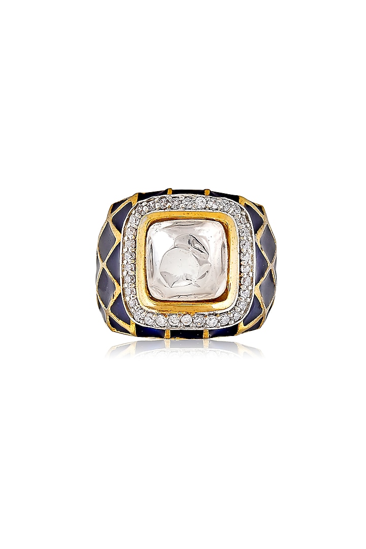 Gold Finish Cubic Zirconia Enamelled Ring In Sterling Silver by Tsara