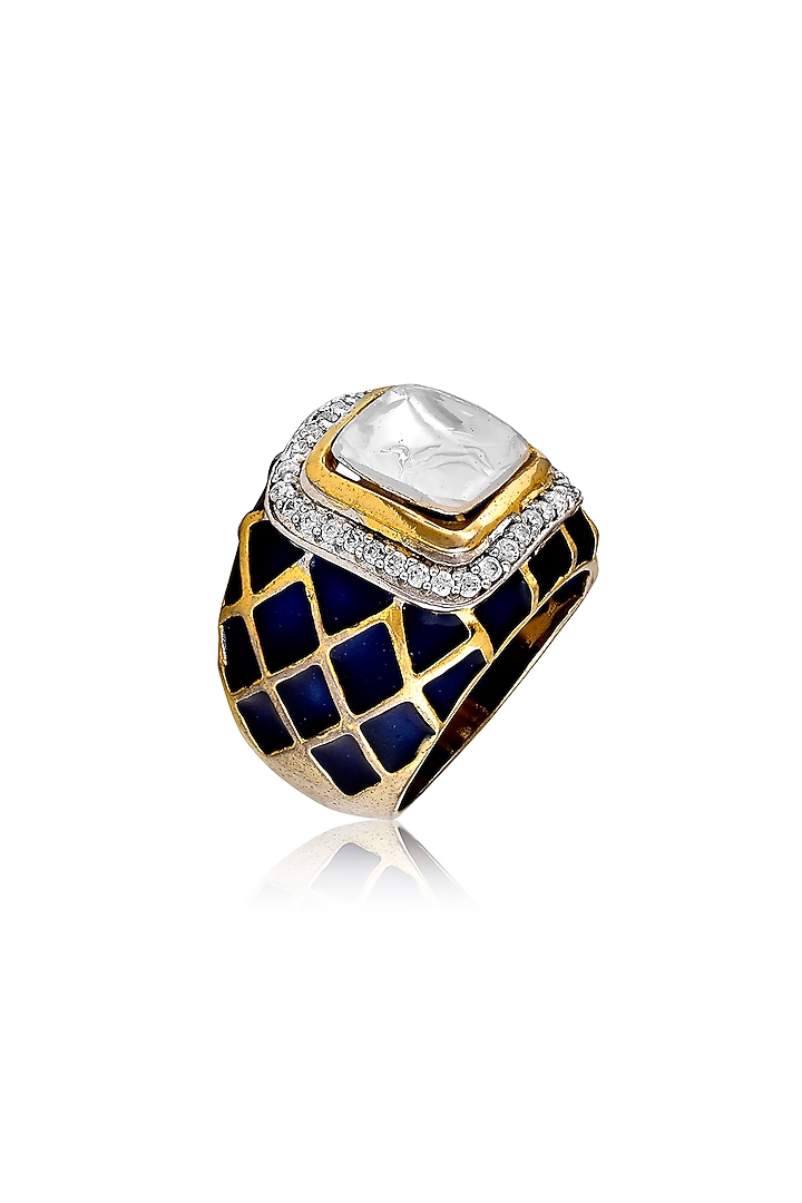 Gold Finish Cubic Zirconia Enamelled Ring In Sterling Silver by Tsara at Pernia's Pop Up Shop