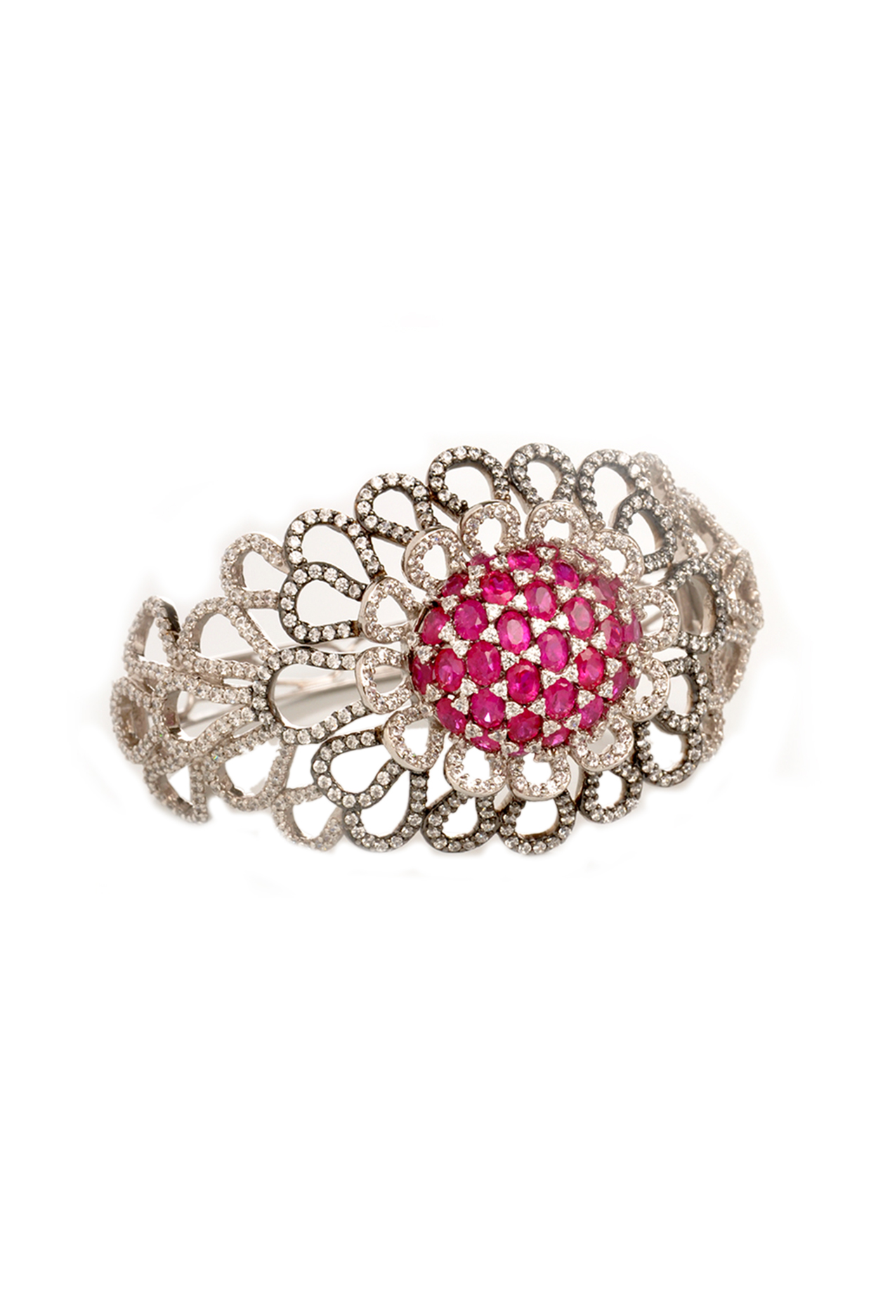 White Finish Cubic Zirconia & Hydro Ruby Floral Bracelet by Tsara at Pernia's Pop Up Shop