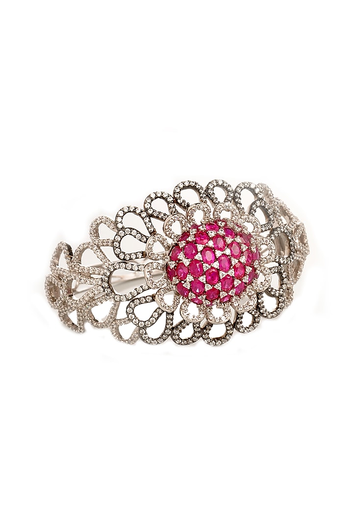 White Finish Cubic Zirconia & Hydro Ruby Floral Bracelet by Tsara at Pernia's Pop Up Shop
