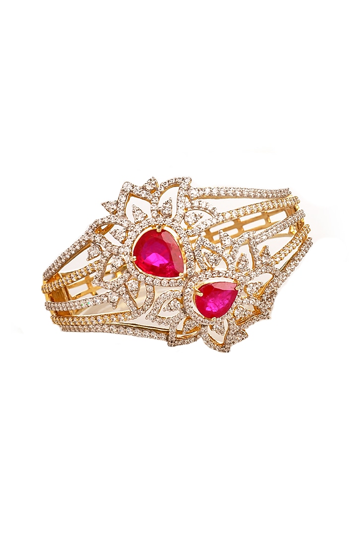 Two Tone Finish Ruby & Cubic Zirconia Floral Bracelet by Tsara at Pernia's Pop Up Shop