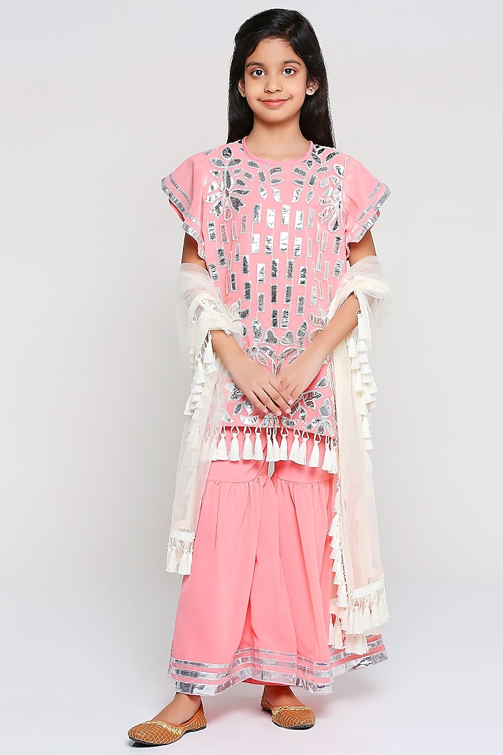 Blush Pink Blended Georgette Sharara Set For Girls by The Story Brand