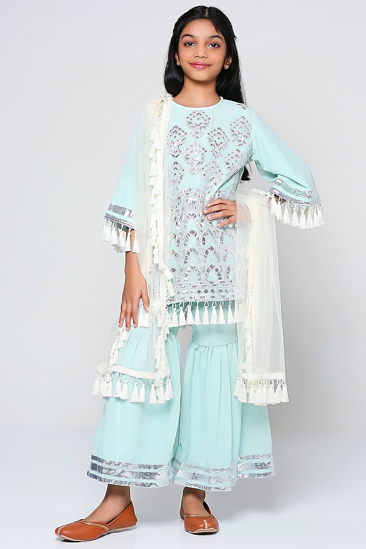 Aqua Blended Georgette Sharara Set For Girls by The Story Brand