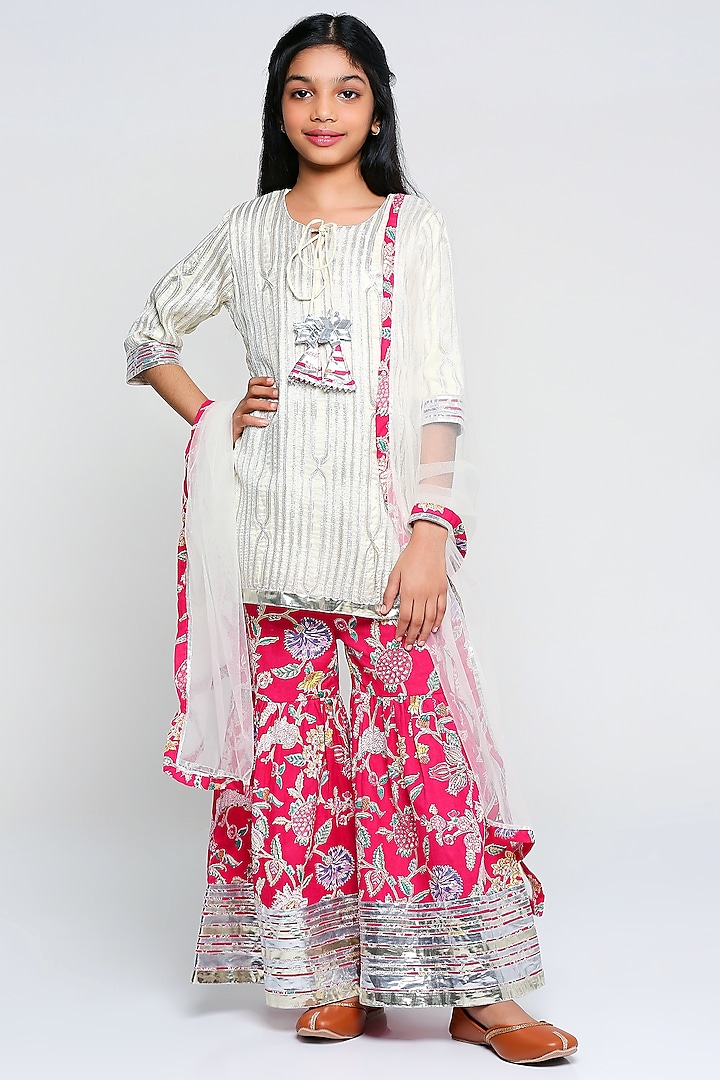 Cream & Fuchsia Gota Embroidered Sharara Set For Girls by The Story Brand