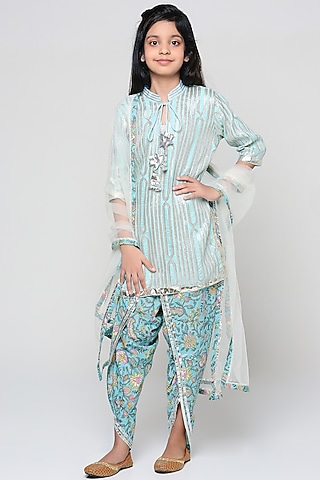 Aqua Gota Embroidered Kurta Set For Girls by The Story Brand