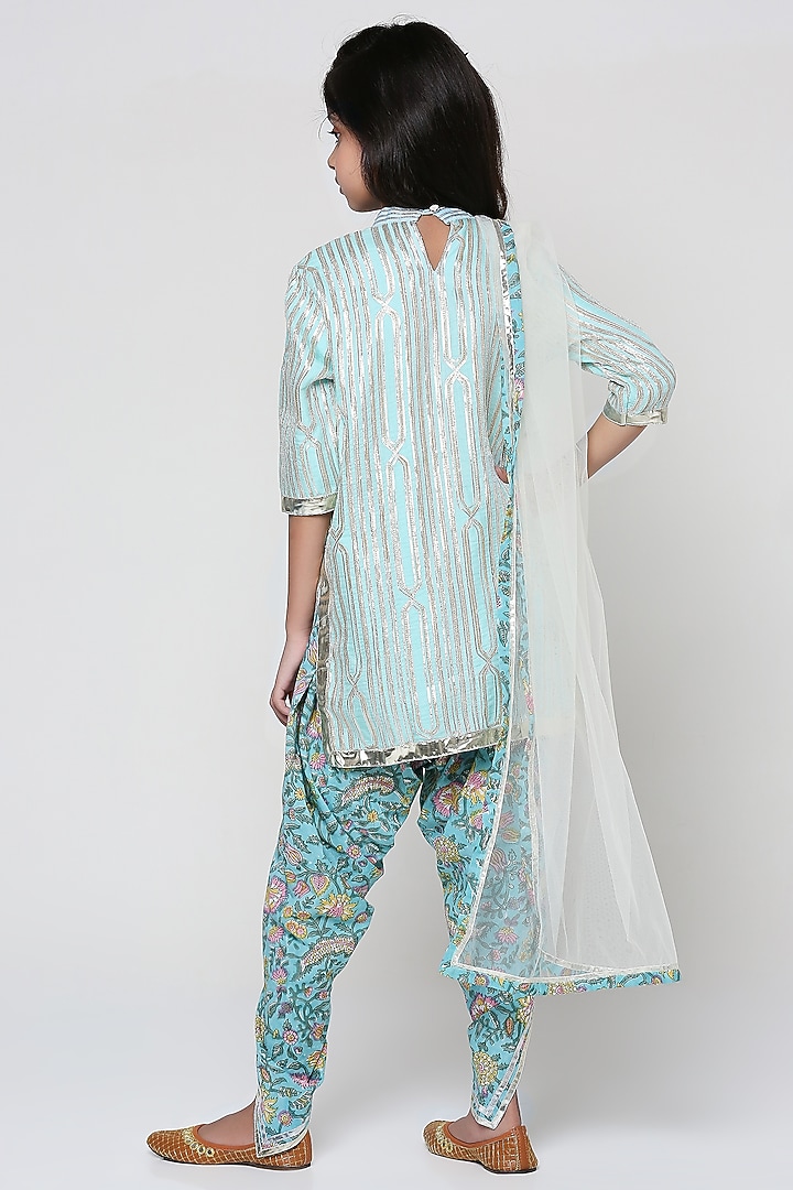 Aqua Gota Embroidered Kurta Set For Girls by The Story Brand at Pernia's Pop Up Shop